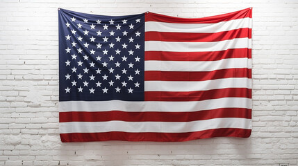 American flag hanging on white brick wall of a roomroom. Hanging United States flag on white wall