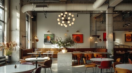 A modern and industrial restaurant with white concrete walls, a large chandelier hanging from the ceiling, modern pop art paintings on the open wall. Generative AI.
