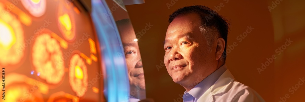 Poster optimistic asian male researcher utilizing advanced brain imaging technology in laboratory to study 