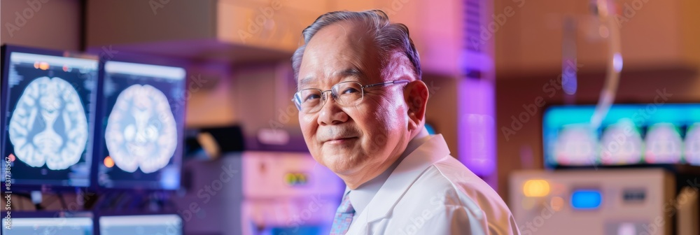 Poster optimistic asian middle-aged male researcher using brain imaging technology in laboratory to study c