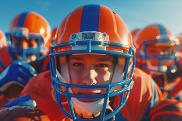 Fototapeta premium Young Caucasian Male Football Player with Teammates in Background, Sunset Practice Session