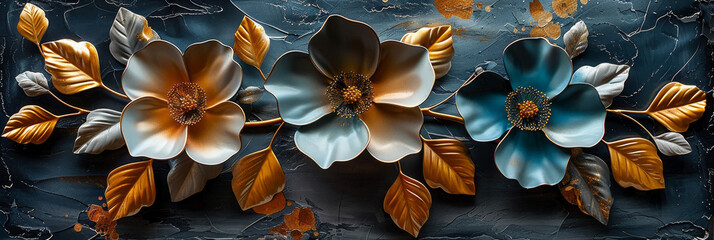 three panel wall art, marble background with golden and silver Teal Flower Plants designs, wall decoration