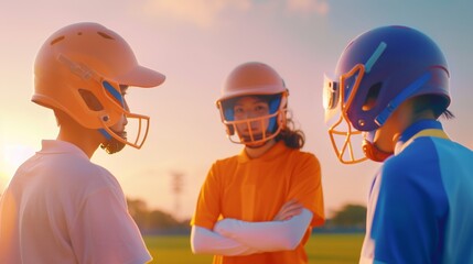 Youth Baseball Players and Female Coach at Sunset: Team Strategy Discussion in Orange Glow
