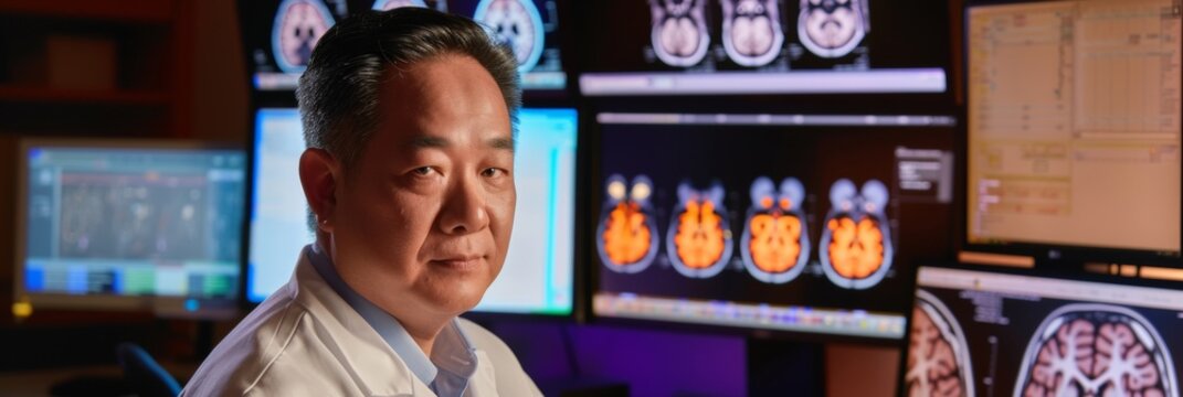 Optimistic Asian Researcher in Laboratory Analyzing Brain Scans for Chronic Traumatic Encephalopathy Diagnosis at Night