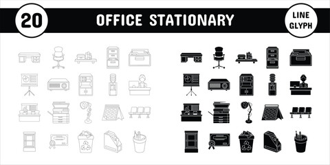 Office Stationary Line Glyph Vector Illustration Icon Sticker Set Design Materials