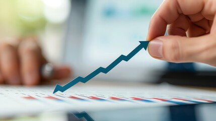 Close-up of hand holding paper with upward graph. Concept of business growth, financial success, and positive market trends.