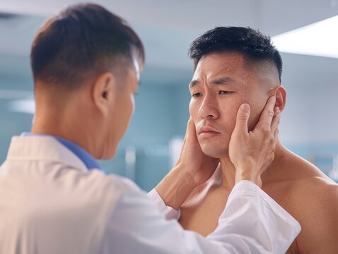 Asian Female Neurologist Examining Hispanic Male Patient in Clinical Setting for CTE Diagnosis, Anxiety Evident