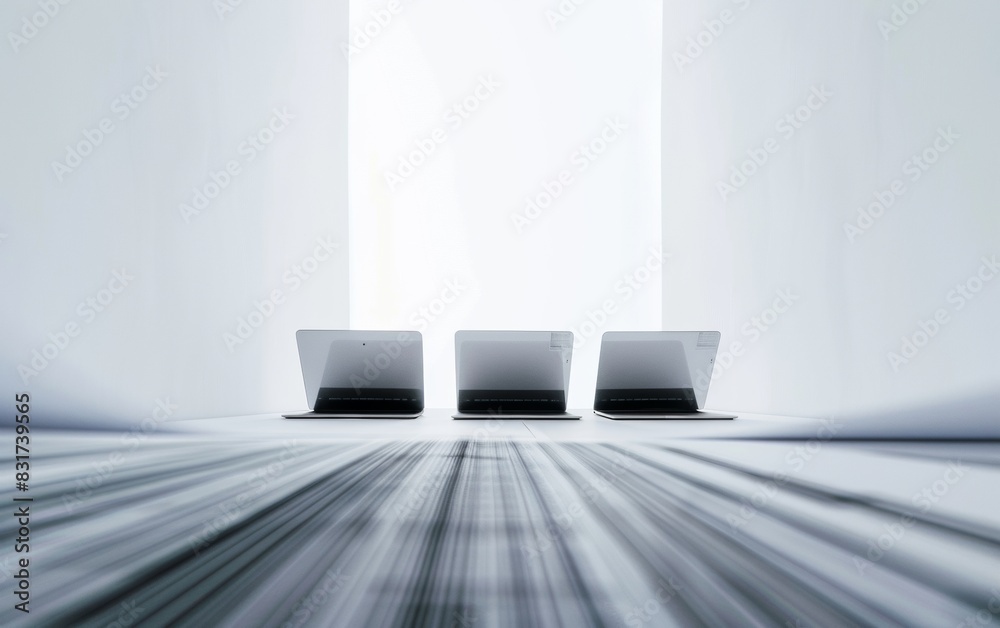 Poster abstract entrepreneurship concept with three laptops and blurred financial documents in a symmetrica