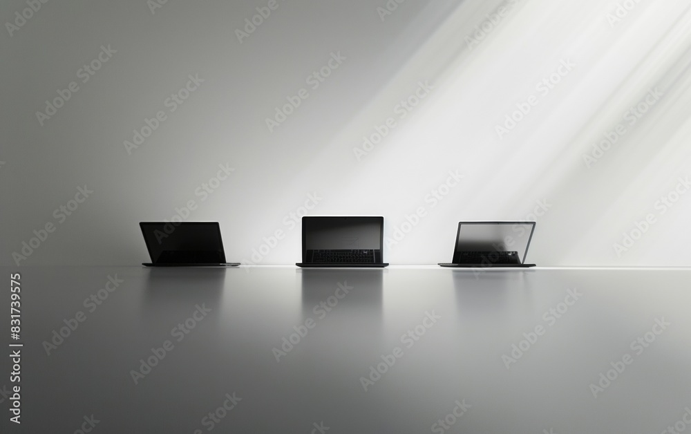 Poster symmetrical abstract of three laptops on a desk with blurry financial documents, utilizing soft grey