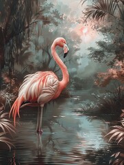victorian setting, landscape with flamingo in a lake in the style of light pink and white feathers, upclose shot, melancholy, in the style of hudson river school
