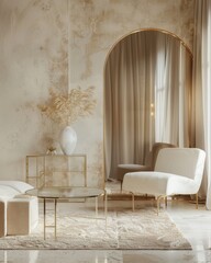 Elegant Minimalist Living Room Interior in Neutral Tones with Stylish Furniture and Sunlit Ambiance