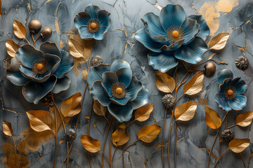 three panel wall art, marble background with golden and silver Teal Flower Plants designs, wall decoration