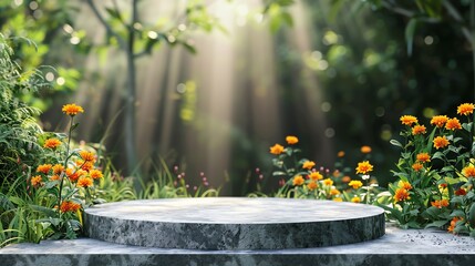 Blank product display podium with garden flowers field meadow on background. Beauty skincare cosmetics presentation. Organic natural concept