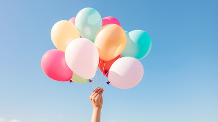 Woman hand holding a bunch of colored balloons with blue sky, sunny day, natural light day. - Powered by Adobe