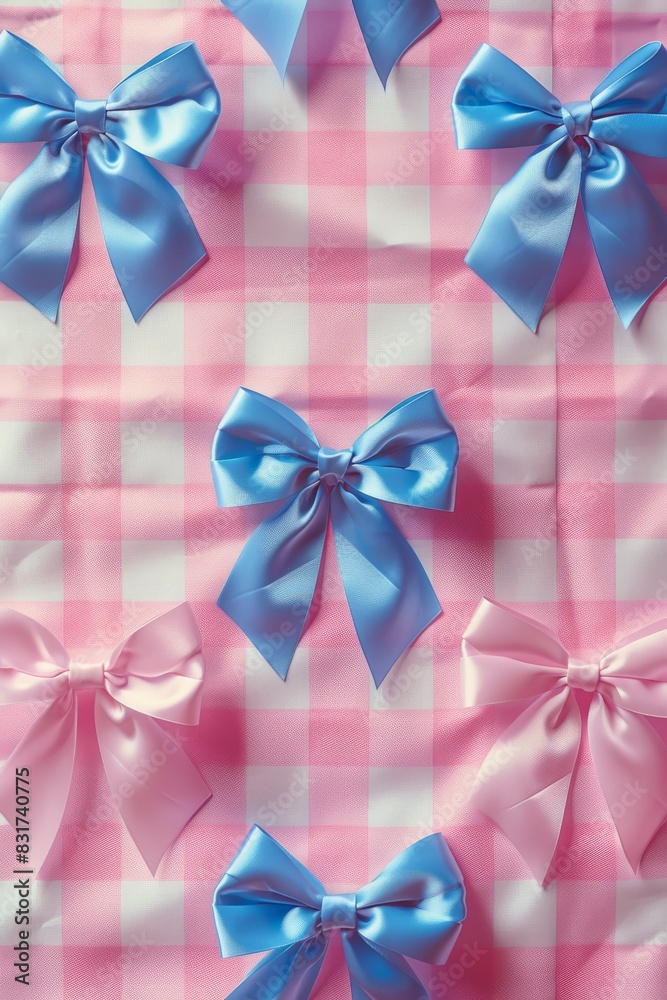 Aufkleber charming pattern of light blue bows on pink gingham, regular placement, delicate and soft textures. 