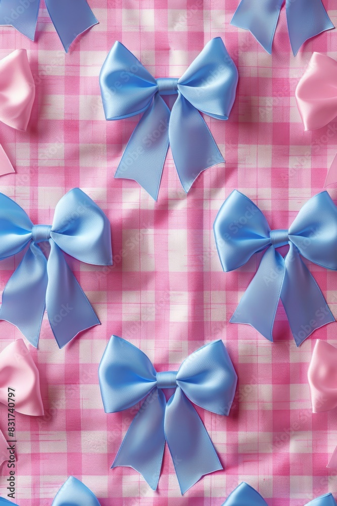 Poster charming pattern of light blue bows on pink gingham, regular placement, delicate and soft textures. 