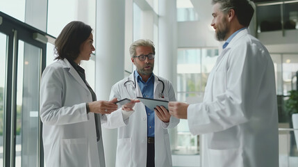 Obraz premium Doctor and Pharmaceutical sales talking about new product on tablet.