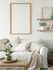 Picture frame mockup, modern home living room interior with white sofa