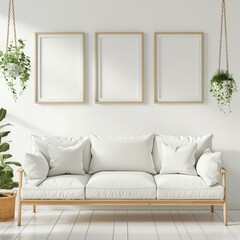 Picture frame mockup, modern home living room interior with white sofa