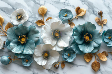 three panel wall art, marble background with golden and silver Teal Flower Plants designs, wall decoration