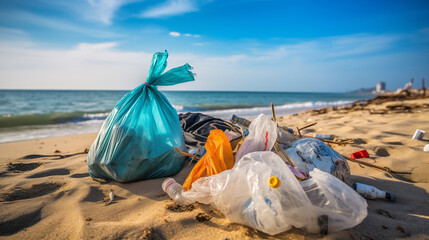 Beach clean-up : Garbage pile on the beach.