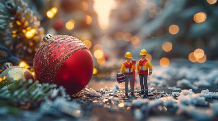 High resolution photo realistic image of workers ensuring safety during holiday preparations at work, emphasizing the importance of safety amidst celebrations | Adobe Stock concept