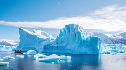 Colony of penguins huddled together on an iceberg with a blue sky and floating icebergs in the background - Powered by Adobe