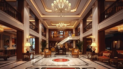 A large hotel lobby with Chinese style decoration, wooden furniture and chandeliers hanging from...