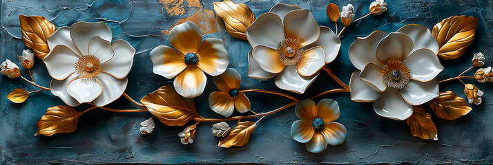 Fototapeta premium three panel wall art, marble background with golden and silver Teal Flower Plants designs, wall decoration