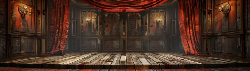 Fototapeta premium Vintage theater stage with red curtains, wooden floor, and classic backdrop, radiating an atmosphere of old-world elegance and drama.