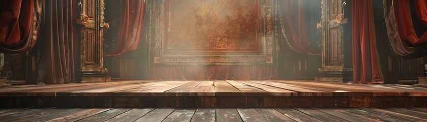 Vintage theatre stage with worn wooden floorboards and elegant red curtains, set for dramatic performance in historical venue.