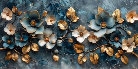 Fototapeta premium three panel wall art, marble background with golden and silver Teal Flower Plants designs, wall decoration