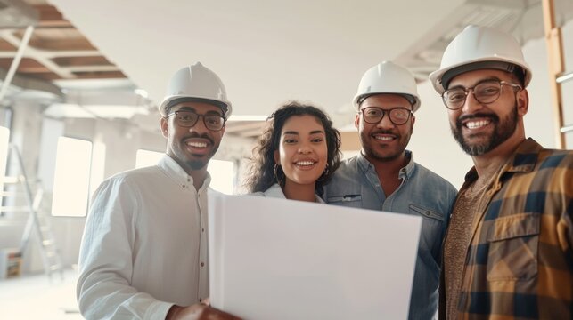 Optimistic Young Professionals and a Construction Manager Planning a New Business in Bright Empty Office