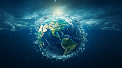 The center of the image features a globe emphasizing the Earth's oceans, highlighting their...