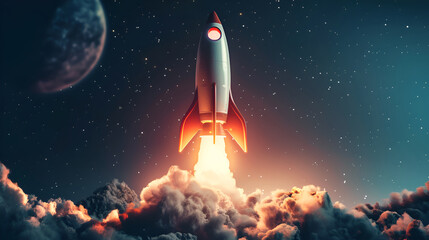 Space rocket launch with fiery boosters amidst dramatic clouds against a sunset sky,Successful space rocket launch with a blast into the starry sky on a dark background
