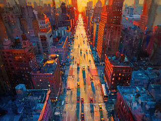 A vibrant aerial view of a bustling city street at sunset, with colorful buildings and cars. The cityscape fades into the horizon.