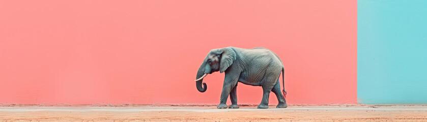 Obraz premium Minimalist image of a lone elephant walking against a vibrant, color-blocked background with large pink and blue sections.
