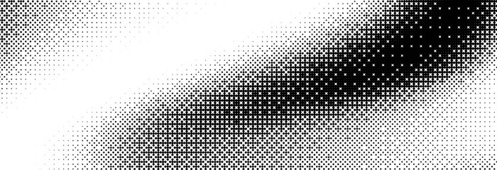Bitmap grunge gradient texture. Black and white pixelated dither pattern wallpaper. Abstract glitchy 8 bit game pattern background. Retro wide rasterized backdrop. Pixel art illustration. Vector