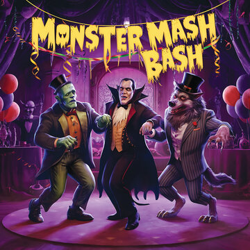 Monster Mash Bash: Classic Happy Halloween illustration Monsters (Frankenstein Dracula Werewolf) Dancing at a Party with Balloons and Streamers - Bold, Playful Typography for Halloween Invites, Decor,
