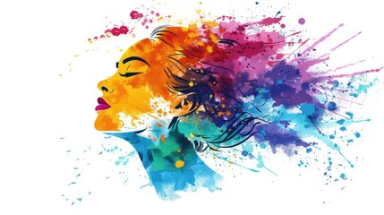 Mental health and creative abstract concept. Colorful illustration of happy womale head in paint splatter style. Mindfulness and self care idea. White background. Copy space