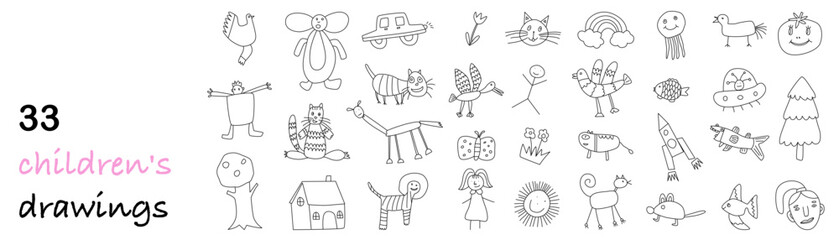 Large set of doodle illustrations. Kids drawing concept. Design for childish products and kindergartens. International Children's Day. Vector illustration isolated on transparent background.
