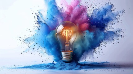 Light bulb explodes with large particles of blue pastel colored powder. on white background. Generative AI.