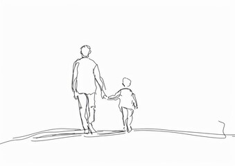Minimalist One Line Drawing of Father and Son Holding Hands Walking Side by Side on a White Background