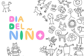 Dia del nino concept banner, poster. Doodles, children's drawings, naive images. Celebrating World Children's Day. Vector illustration isolated on transparent background.