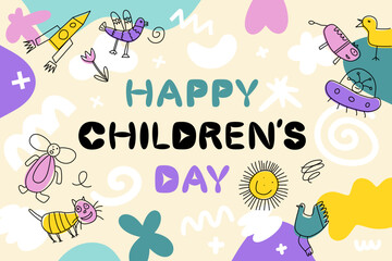 Dia del nino concept banner, poster. Doodles, children's drawings, naive images. Celebrating World Children's Day. Vector illustration isolated on a color background.