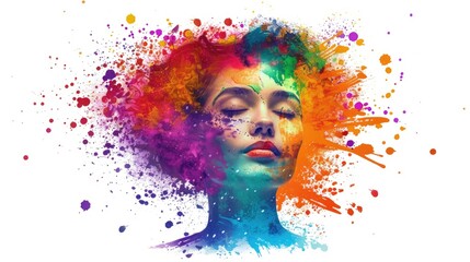 Mental health and creative abstract concept. Colorful illustration of happy womale head in paint splatter style. Mindfulness and self care idea. White background. Copy space