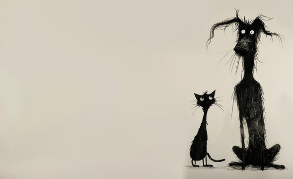 Humour, chien et chat tout &eacute;bouriff&eacute;s, comme &eacute;lectrifi&eacute;s, le poil hirsute assis c&ocirc;te &agrave; c&ocirc;te tout noir sur un fond beige, gris, avec espace n&eacute;gatif copyspace.  Refuge animalier, abandon, maltraitance