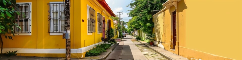 Classic yellow colonial house on the left, plain background on the right for text, residential area