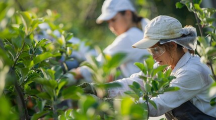 A group of horticulturists collect tissue samples from a wide range of genetically diverse apple trees harnessing the power of datadriven to create a new diseaseresistant cultivar.