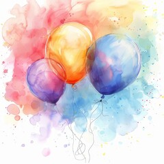 Colorful watercolor painting of balloons with vibrant splashes of pastel colors, perfect for party or celebration themed designs.